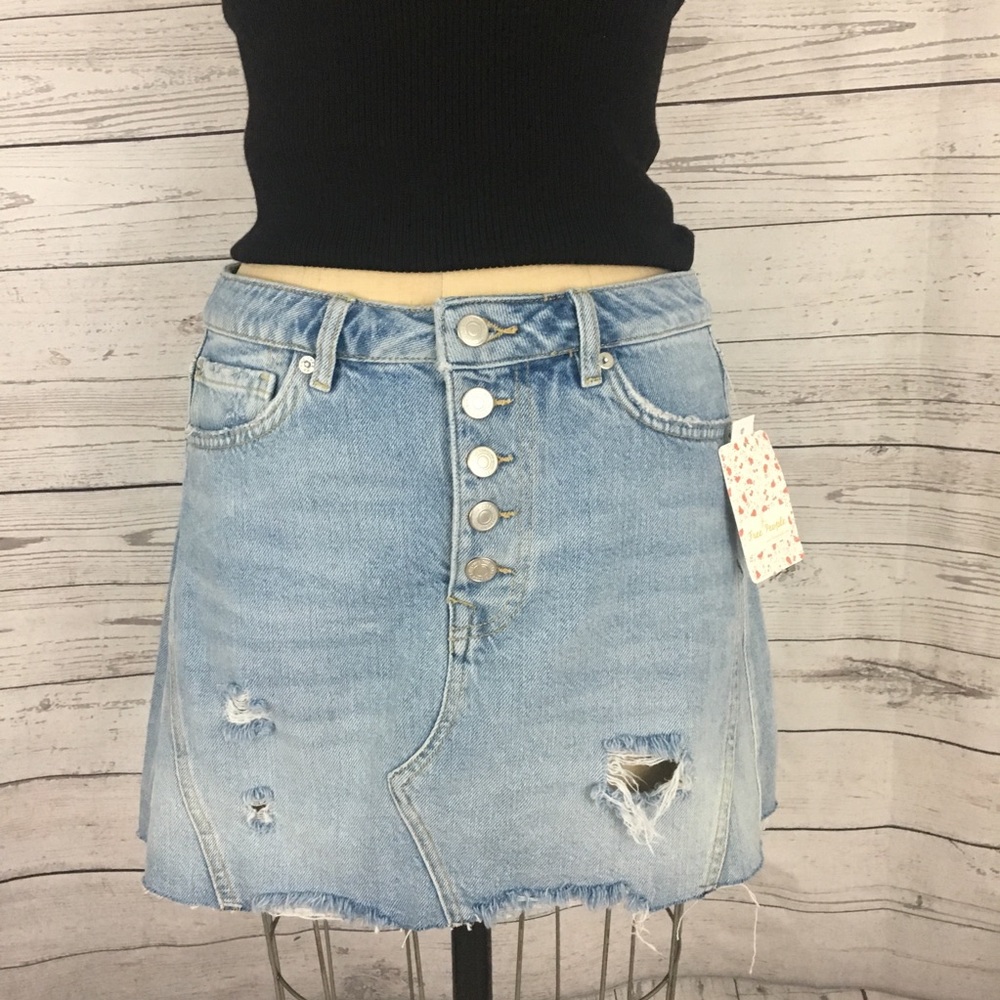 Free People denim front button a line jean skirt - Picture 2 of 8